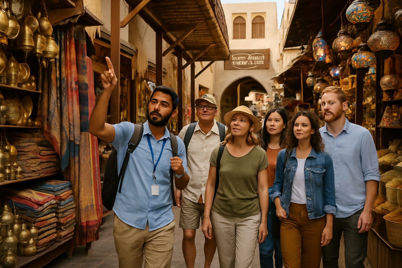 A guided tour group exploring Dubai’s traditional souks and markets