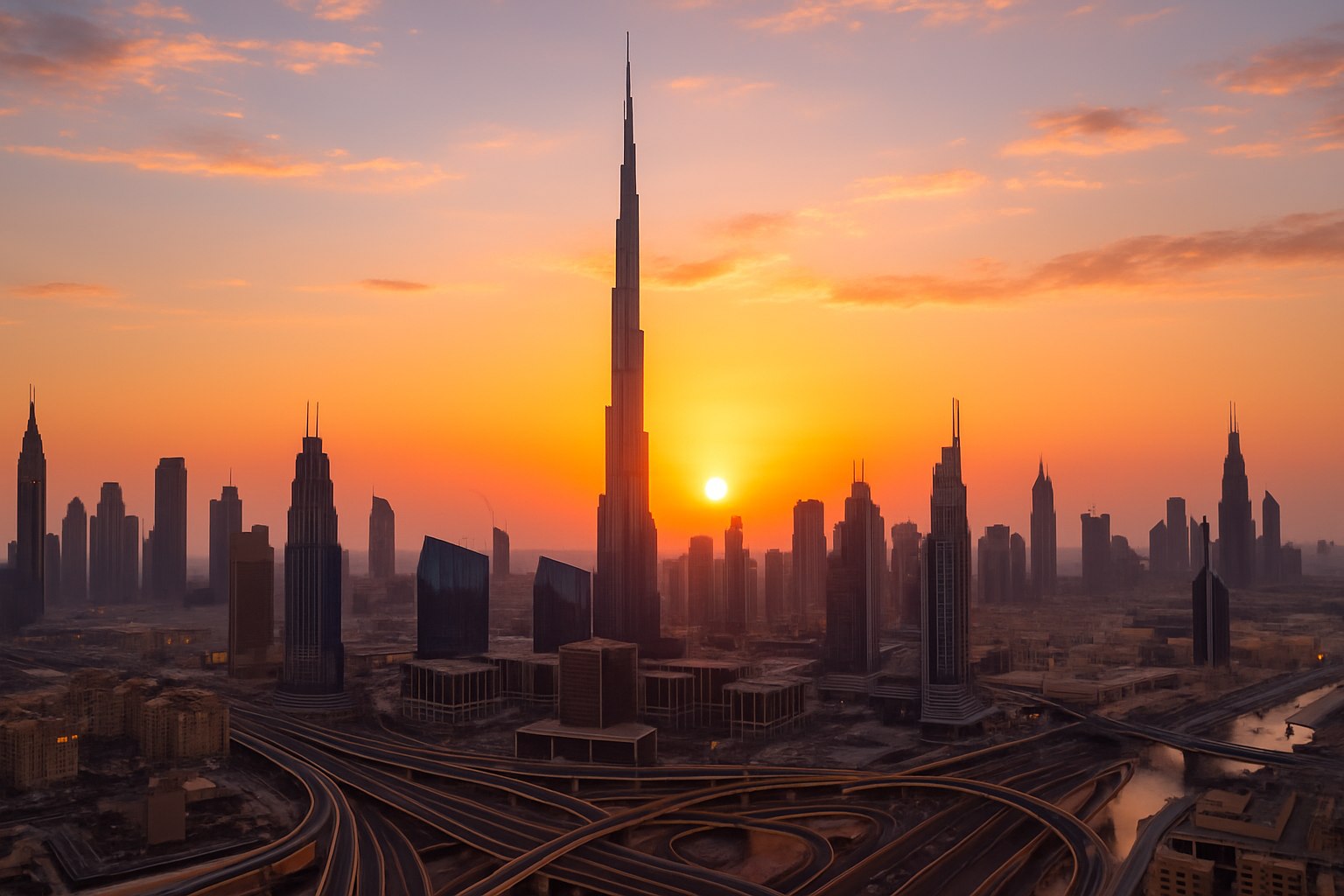A panoramic view of Dubai’s skyline at sunset, featuring the Burj Khalifa