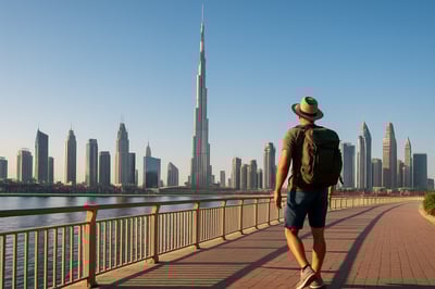 Dubai cityscape with iconic skyline and traveller exploring