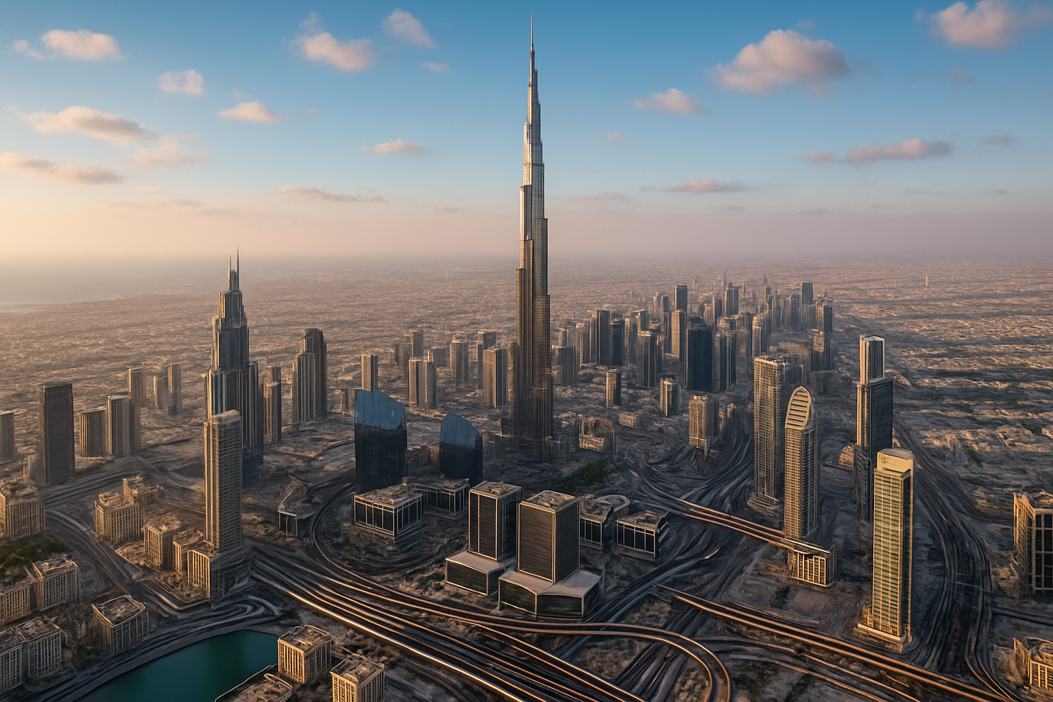 Aerial view of Dubai's iconic skyline with Burj Khalifa
